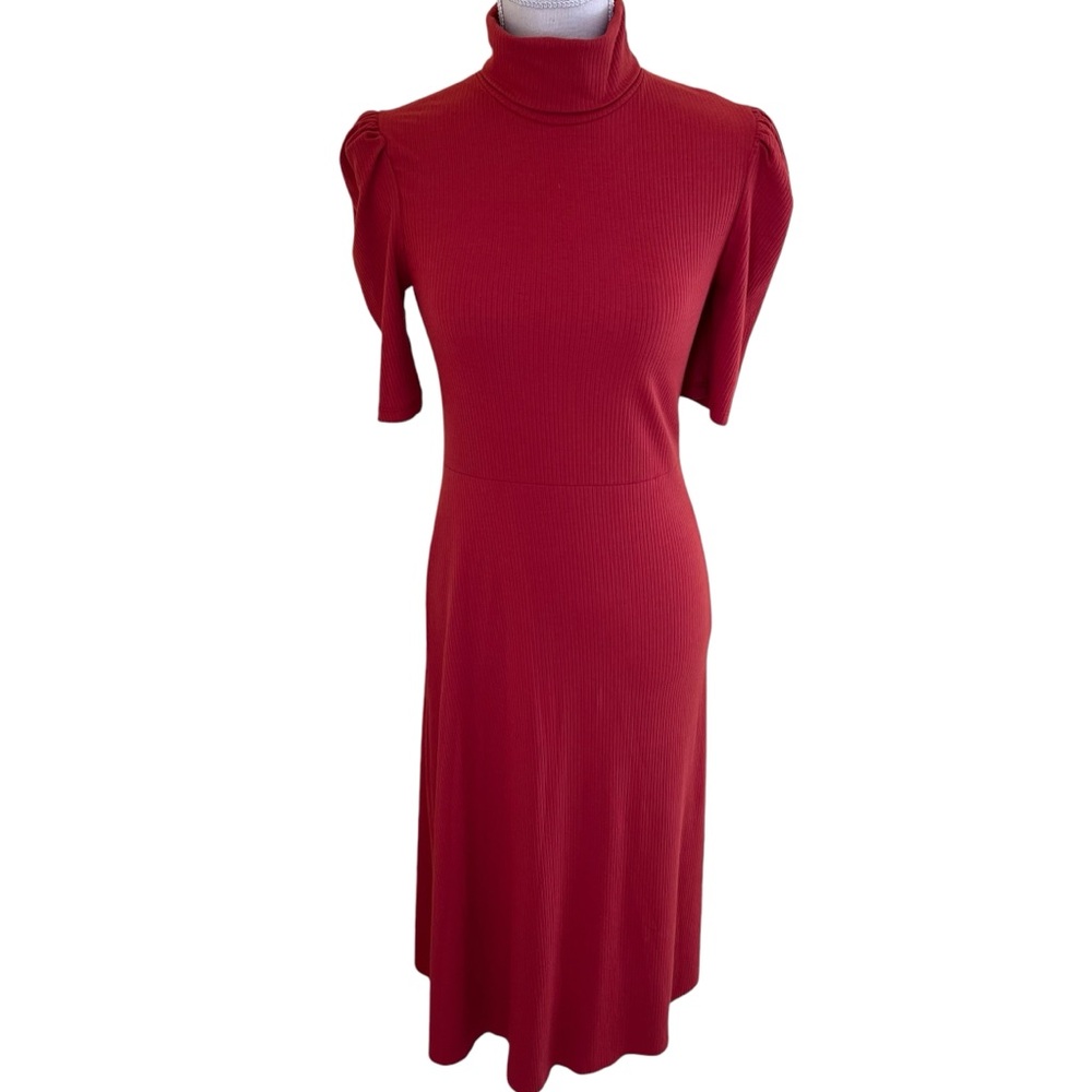 Zara Ribbed Knit Short Sleeve Turtleneck Midi Dress in Rust Orange M